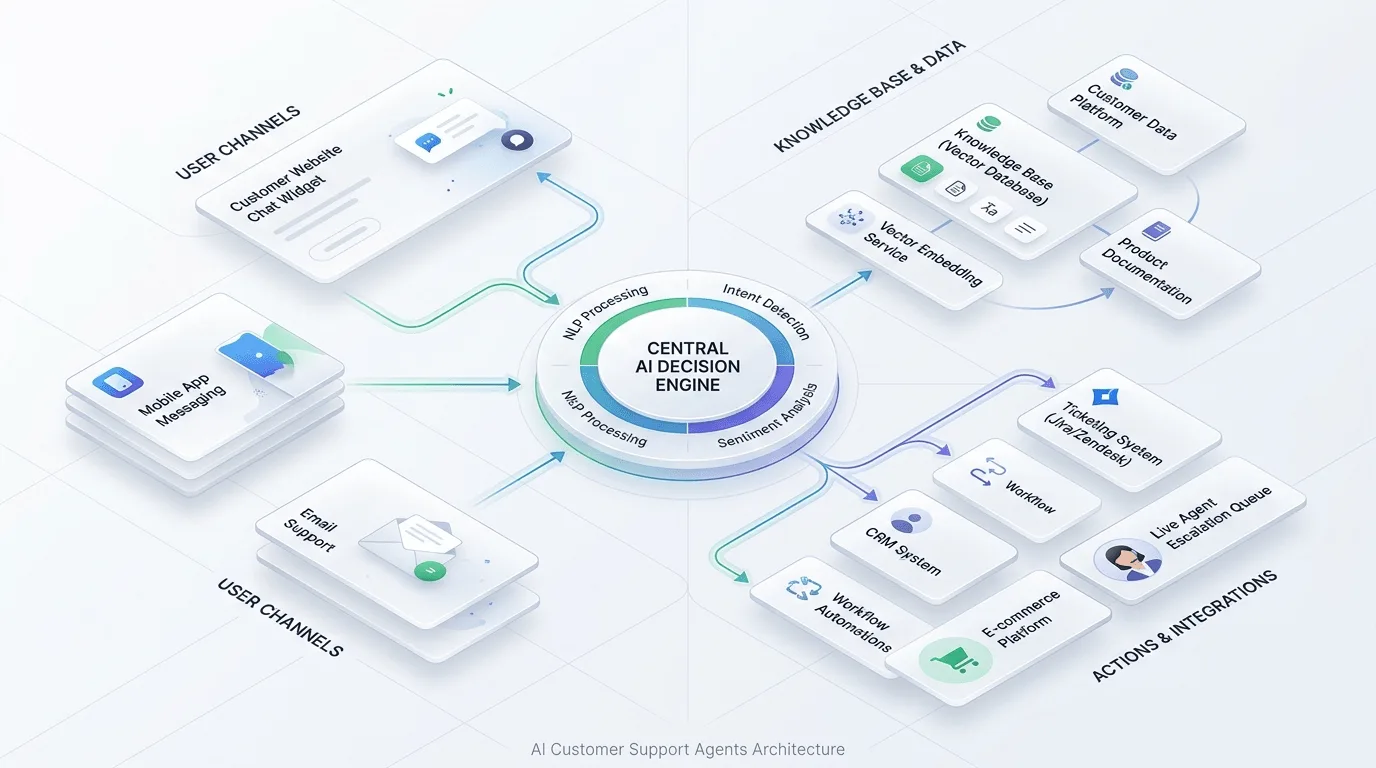 Illustration of an AI agent connected to a support workflow