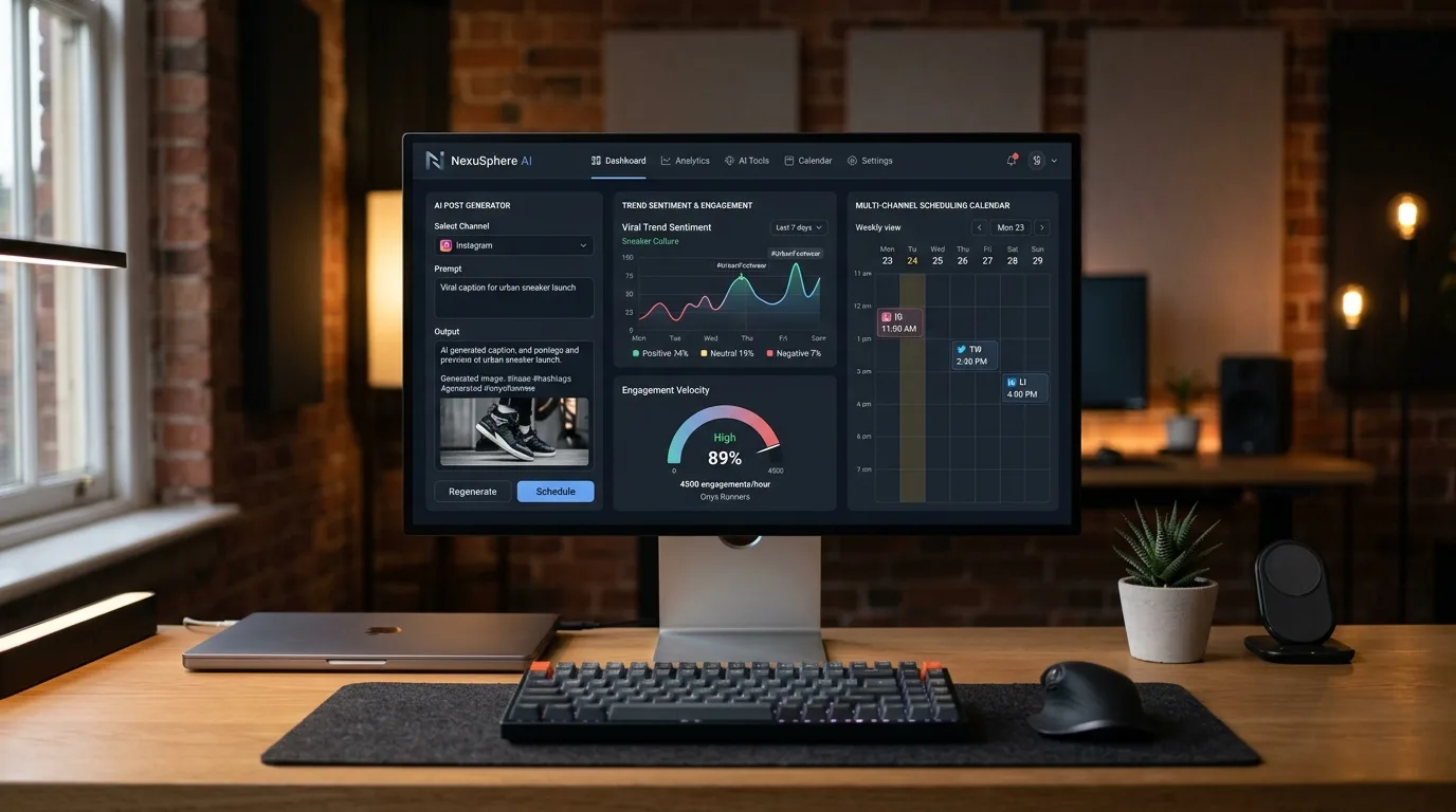 AI social media management dashboard with content calendar and AI generation panel