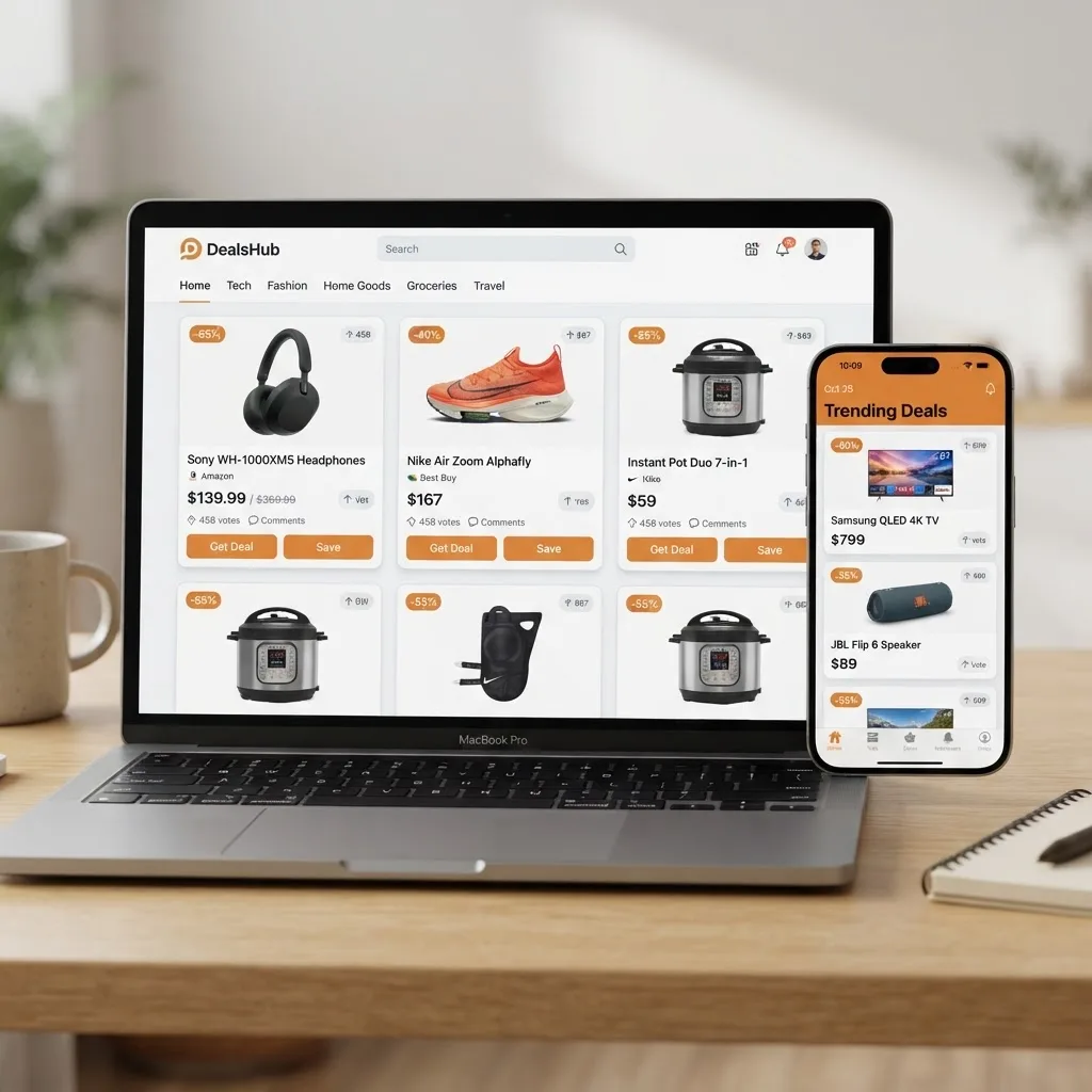 Deals discovery web feed with discount badges alongside a companion mobile app