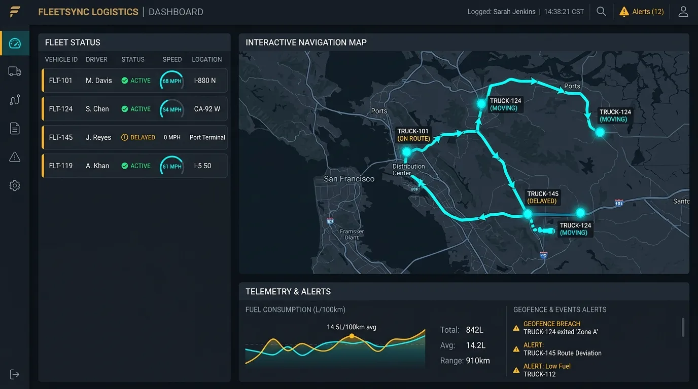 Fleet tracking dashboard showing an interactive map with live vehicle positions, alerts and route history
