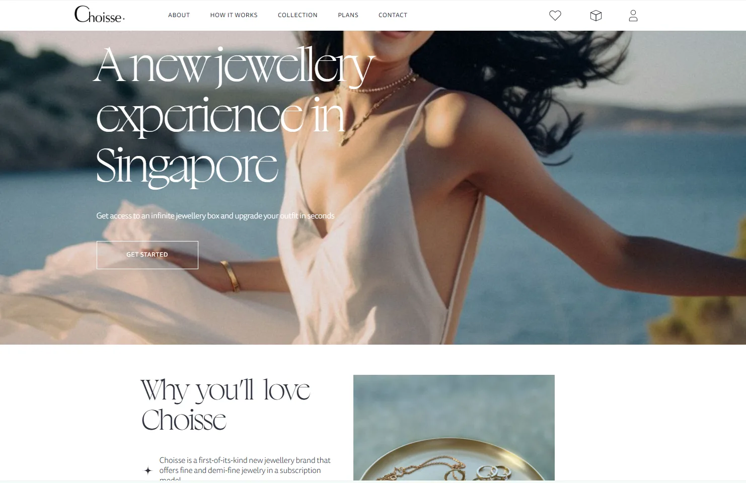 Elegant jewelry subscription e-commerce homepage with curated collections and plan tiers