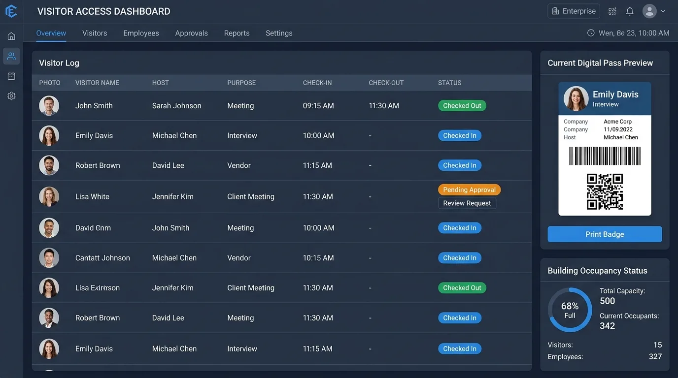 Visitor management dashboard showing visitor table, status badges and a gate-pass panel