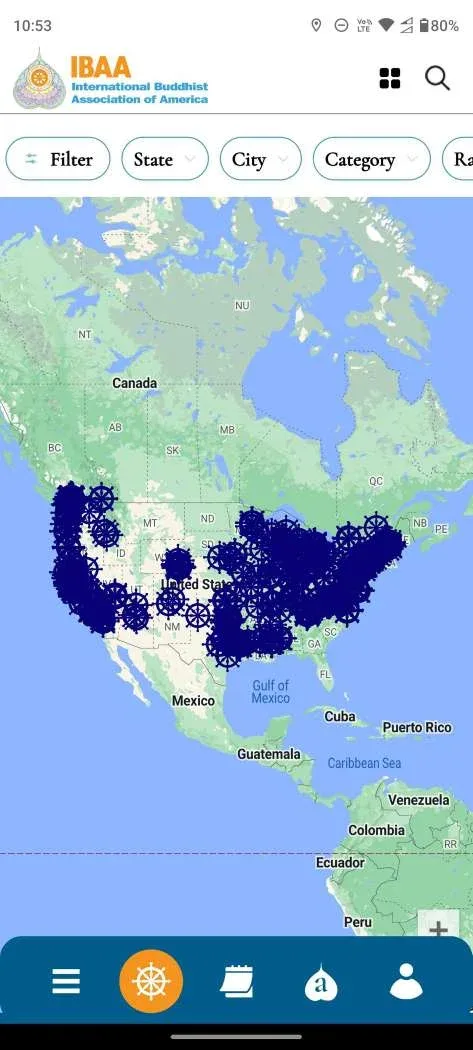 Interactive US Map View with Dharma Wheel Pins & Geo Filters