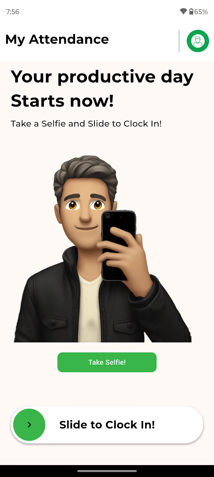 Selfie Biometric Capture & Slide to Clock In Interface