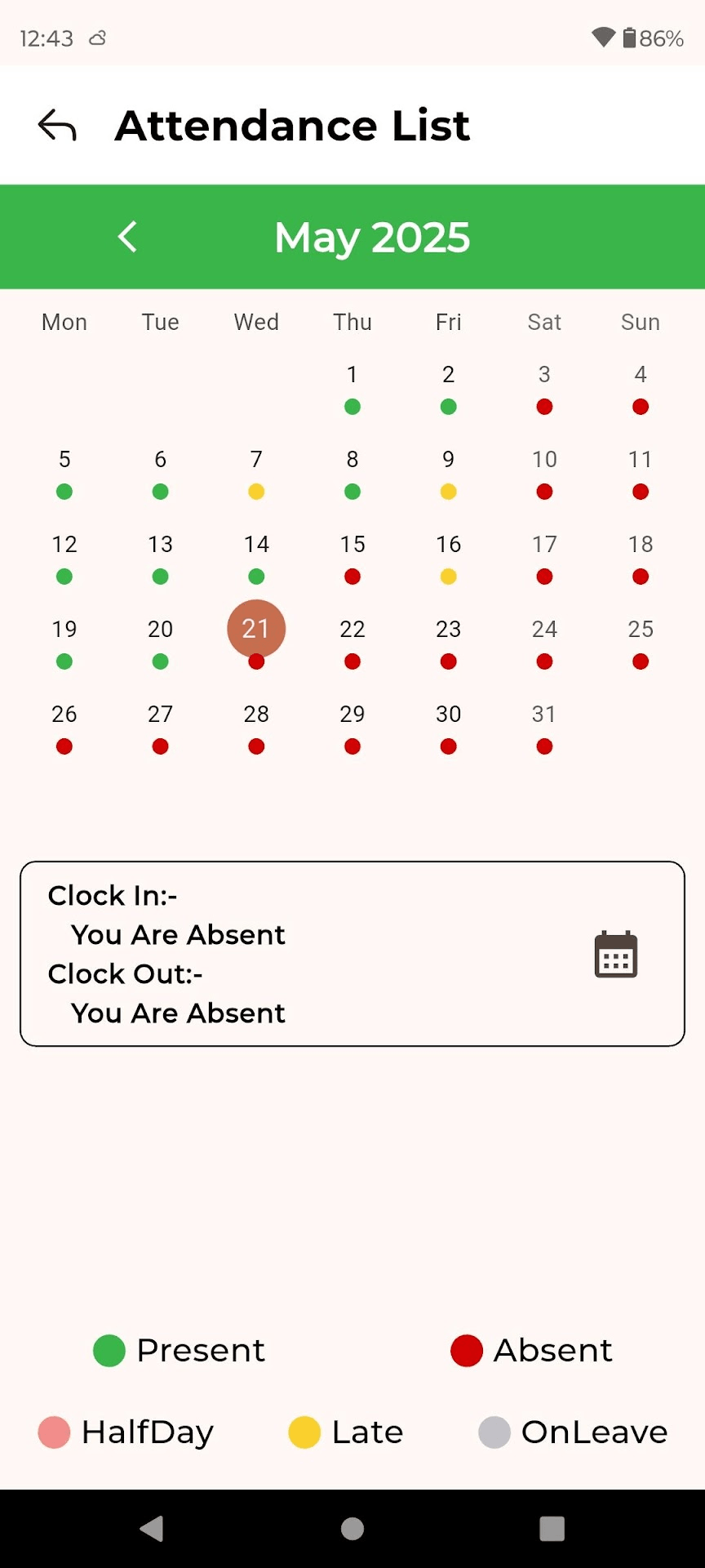 Monthly Attendance Calendar with Color Coded Indicators